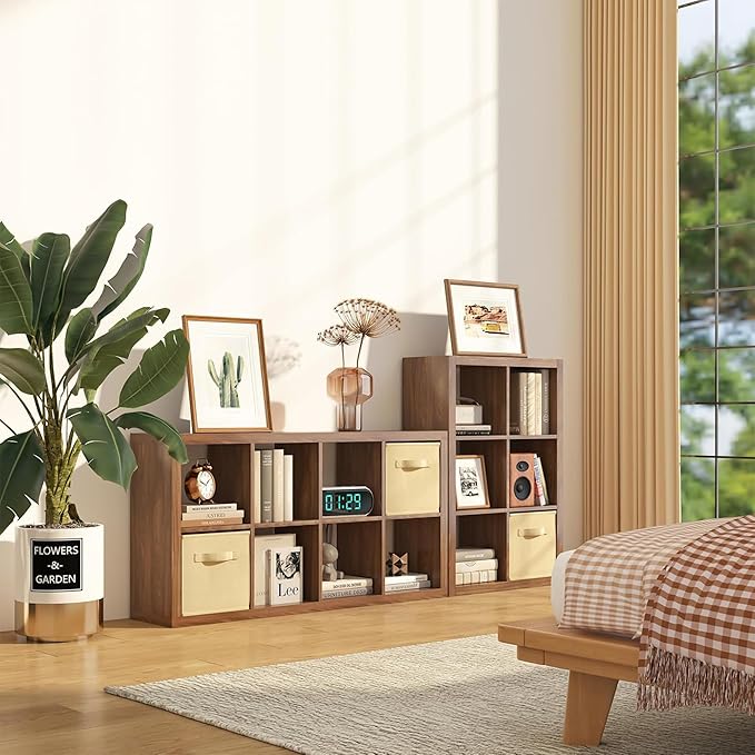 furtble Bookshelf with Storage Bins, 12-Cube Storage Organizer, Modern Wood Open Bookcase, Multifunctional Display Shelf for Living Room, Bedroom, Home Office, Classic Oak