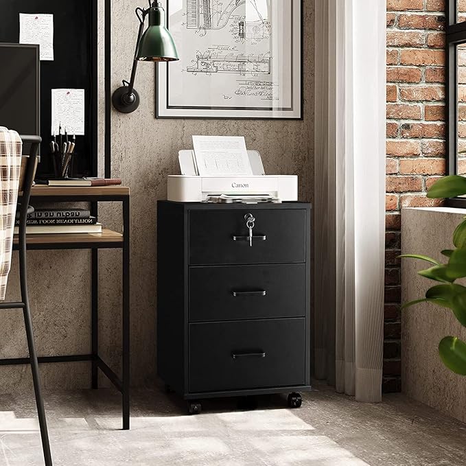 TUKAILAi Mobile File Cabinet with 3 Drawers, Lockable Storage Unit Wooden Rolling Office Filing Cabinet with Wheels, for Legal/Letter/A4 Sized Documents Home Office (Black 2PCS)