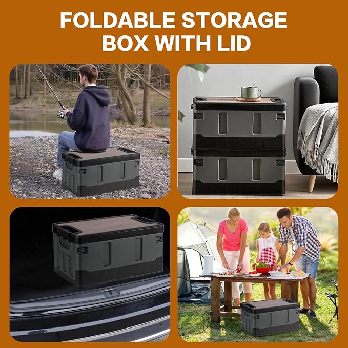 Collapsible Storage Bins with Lids, Portable Foldable Box with 2 Side Doors, Organizing Stackable Storage Cases Large Heavy Duty Utility Crates for Camp Fishing Car RV (Extra Extra Large-60L)