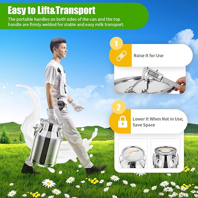 30L / 7.95Gallon Transport Cans Stainless Steel Milk Can Milk Bucket Wine Pail Bucket Milk Can Tote Jug with Sealed Lid Heavy Duty Wine Pail Liquid Storage