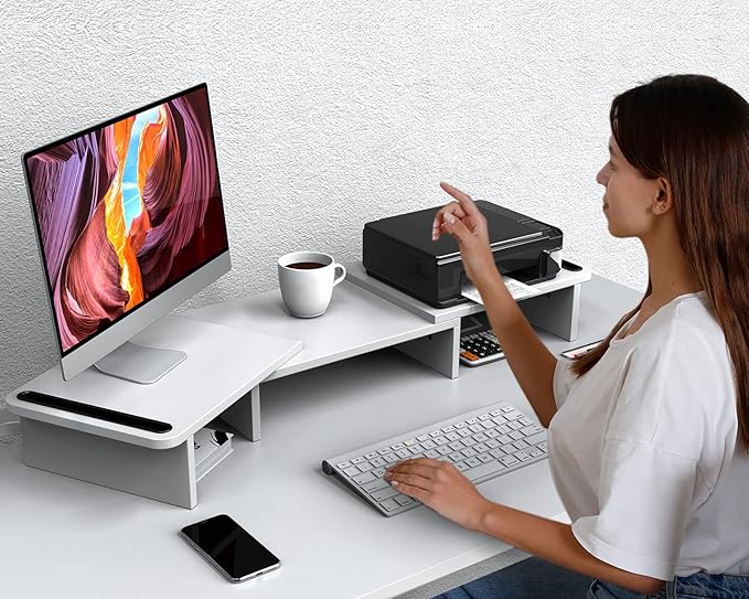 Zimilar Dual Monitor Stand Riser, Monitor Stand with Adjustable Length and Angle, Wood Monitor Stand for Desk, Monitor Riser for 2 Monitors with Storage Space