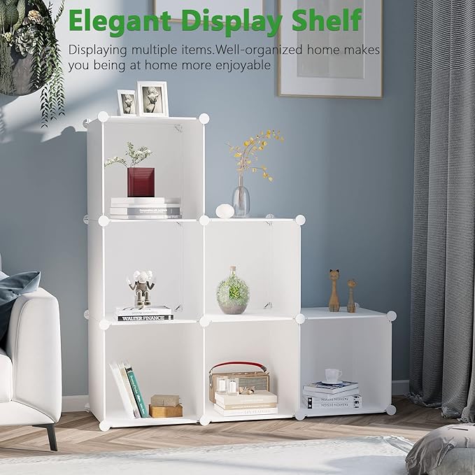 C&AHOME 6-Cube Storage Organizer, Stackable Storage Cubes Shelves, Portable Bookshelf, Plastic Clothing Storage Closet Organizer, DIY Modular Shelving Units for Wardrobe, Home, Milky