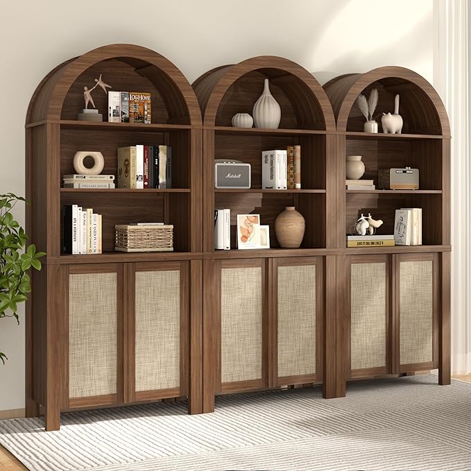 Yechen Arched Bookcase, 70.5" Tall Bookcase with Storage, Mid-Century Modern 5 Tier Bookshelves with Door, Boho Rattan Bookshelf for Living Room Kitchen Office Bedroom Library, Dark Walnut,3 PCS