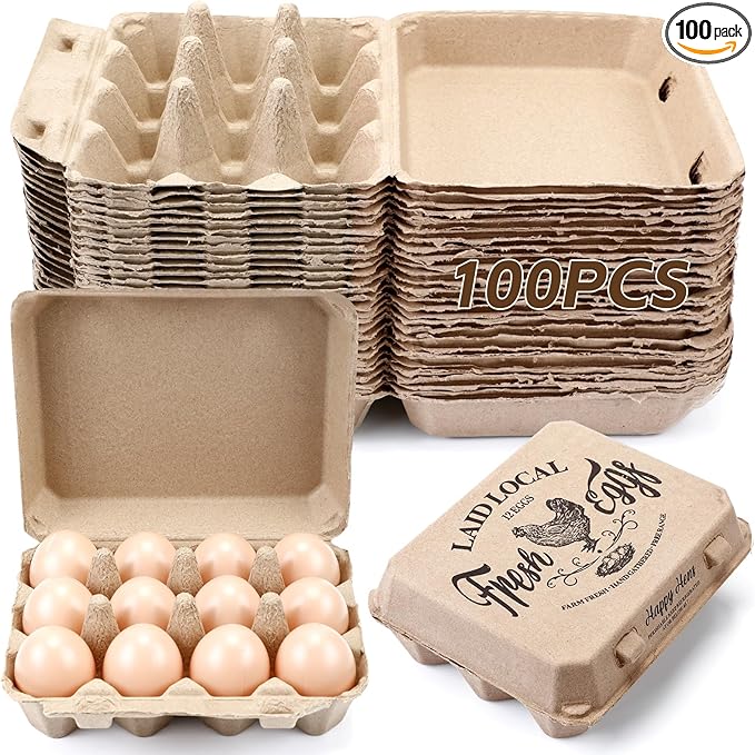 Zhanmai 100 Pack Egg Carton Bulk 12 Chicken Duck Egg Carton Vintage Printed Farm Fresh Crate with 3 x 4 Holds Recycled Paper Cardboard Sturdy Reusable Box Holder(Classic Style)