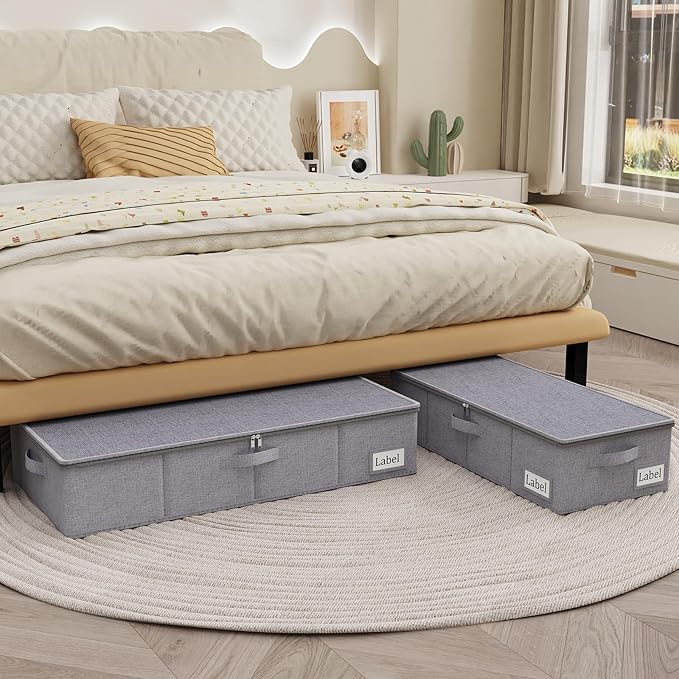 Yawinhe Underbed Bags, Storage Containers Bags with Lid, Foldable Blanket Bins, with Sturdy Zipper und Label Holders, for Clothing, 23.6''Lx11.8''Wx6''H, 2 Pack, Grey