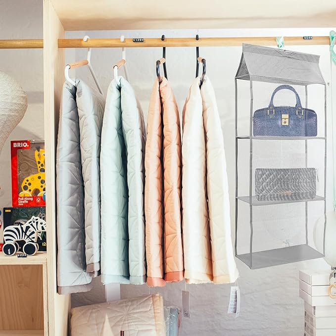 Gray Hanging Organizer Bag Dustproof Storage Hanging Container with Multiple Compartments for Handbags Shoes Sweaters Space-Saving Vertical Storage
