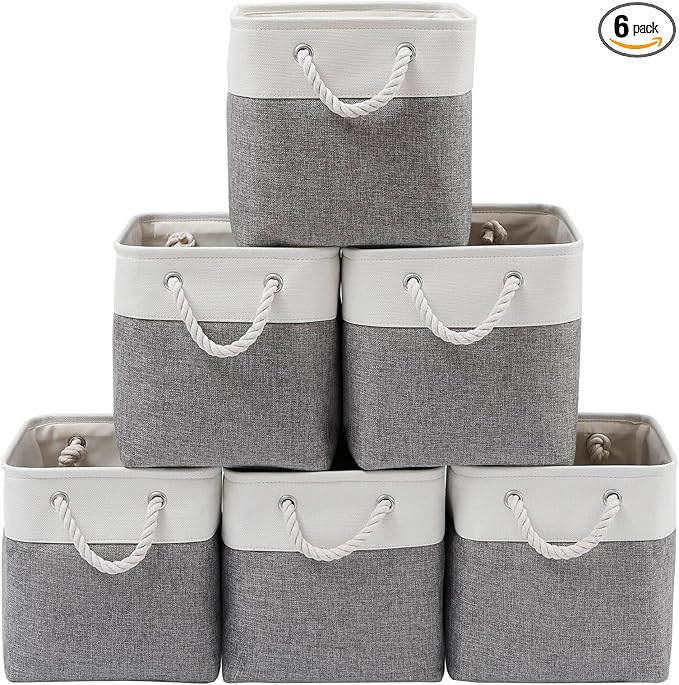 Fabric Storage Bins, 11 inch cube storage bins with Handles, 11x11cube storage organizer bins, Collapsible Storage Bins for Shelves and Home, Cubby Storage Cubes (white-gray, 10.5x10.5x11in)
