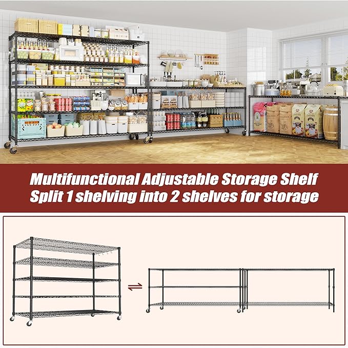 PrimeZone 5 Tier 80.7" Hx55.5 Wx24 D Wire Shelving with Wheels 3000lbs NSF Certified Storage Shelves Heavy Duty Metal Shelf Adjustable Rolling Rack Commercial Garage Restaurant Warehouse Kitchen 3Pcs