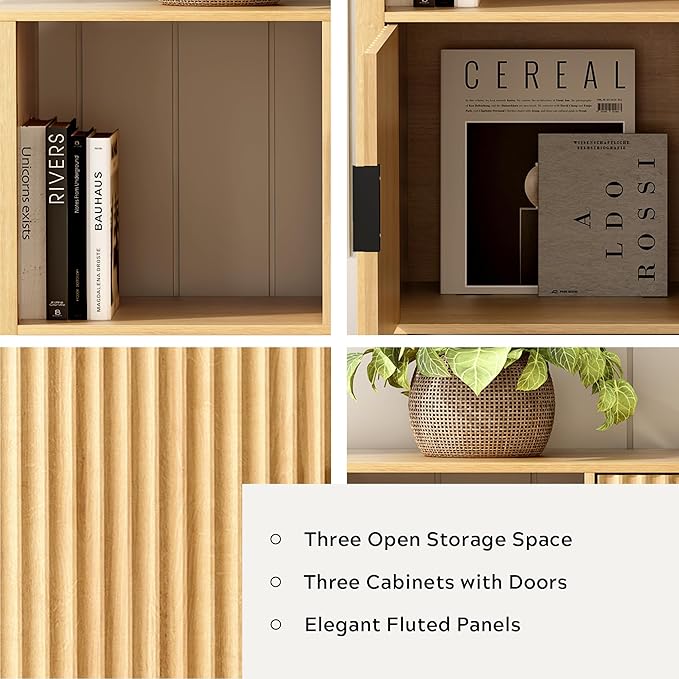 Fluted Storage Bookshelf, Modern Wooden 6 Cube Bookcase with Doors and Open Shelf, 2-Tier Short Organizer Shelf for Living Room, Bedroom Natural Oak