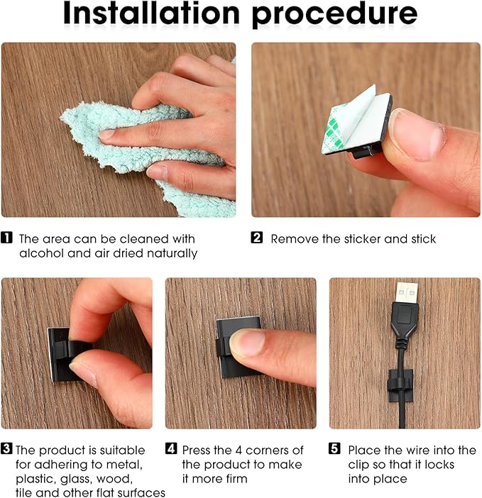 Eboot 100 Pieces Adhesive Cable Wire Clips Strong Cord Clips Wire Holders Cable Cord Straps Management Clamps Tie Holder for The Wall, Under Desk, Car, Office and Home