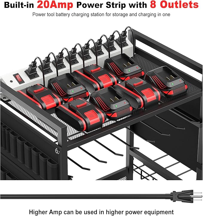 JUNNUJ Garage Large Power Tool Organizer Cart with 20A Charing Station, Heavy Duty Drill and Tools Battery Holder Storage Rack with 10 FT Power Strip, Floor Standing Rolling Tool Cart on Wheels, Black