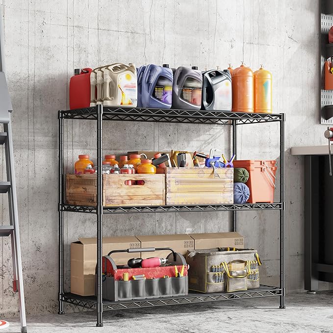 3- Shelf Metal Shelving Unit 35.6Wx14Dx36H Adjustable Storage Shelves Heavy Duty Garage Shelving Steel Wire Shelving for Laundry Bathroom Kitchen Pantry Closet Garage Black
