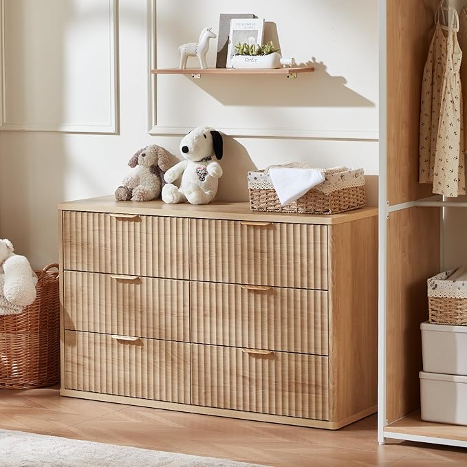 LEYAOYAO Fluted 6 Drawers Dresser Set of 2, 48" Wide Modern Chest of Drawers with Woodgrain Top, Curved Profile Design, Dresser TV Stand, Wooden Drawer Organizer for Bedroom, Living Room, Hallway,Wood