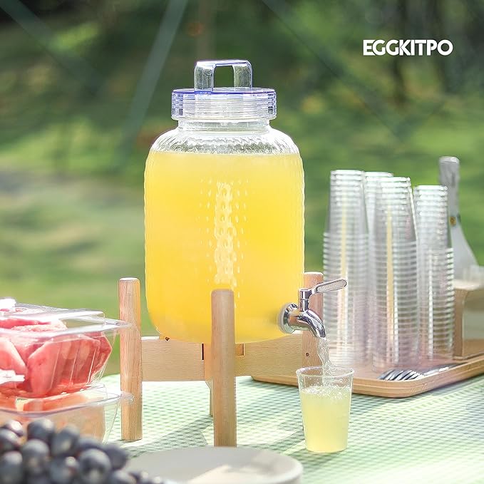 EGGKITPO 2.2 Gallon Drink Dispensers with 304 Stainless Steel Spigot for Parties Lemonade Dispenser with Wood Bracket Clear Cover Polycarbonate Beverage Dispenser for Home Use and Laundry Room