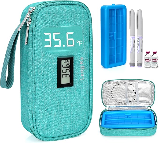 Insulin Cooler Travel Case, TSA Approved Refrigerated Medicine Travel Bag with Protective Ice Brick, Temperature Display Diabetic Medication Cooling Bag for Pen & Vials (Green)