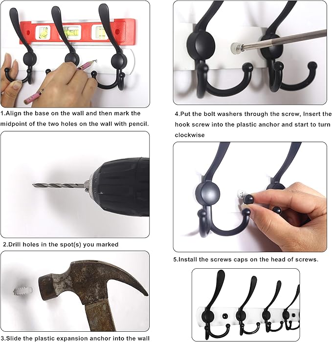 WEBI Coat Rack Wall Mounted,2 Coat Hooks for Hanging Coats,Heavy Duty Metal Hook Rack Hook Rail Coat Hanger Wall Mount for Clothes Entryway Jacket,Black,2 Packs