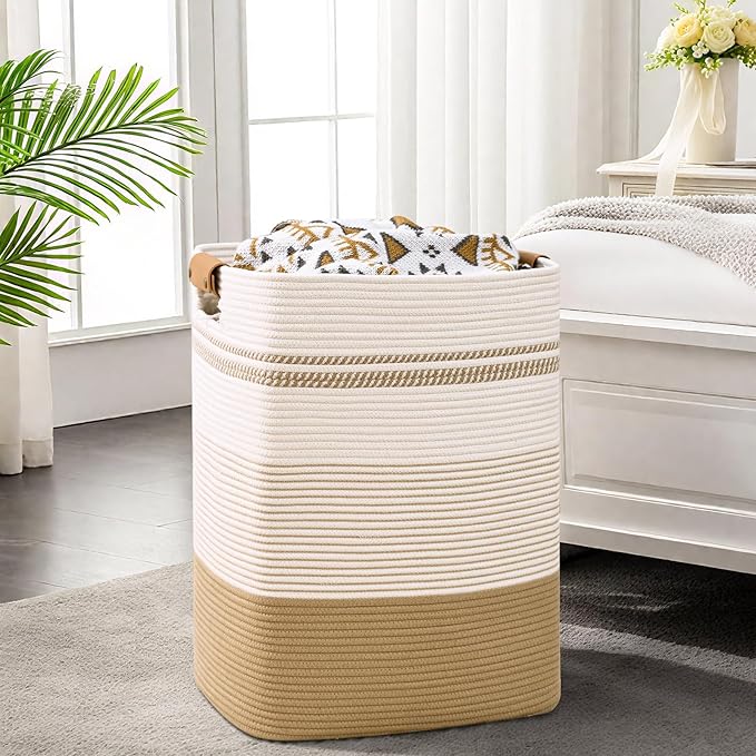 Laundry Hamper, 75L Tall Laundry Basket with Leather Handles, Rectangle Large Clothes Hamper for Organizing, Cotton Woven Laundry Baskets Storage Hampers for Bedroom, Nursery, Living Room