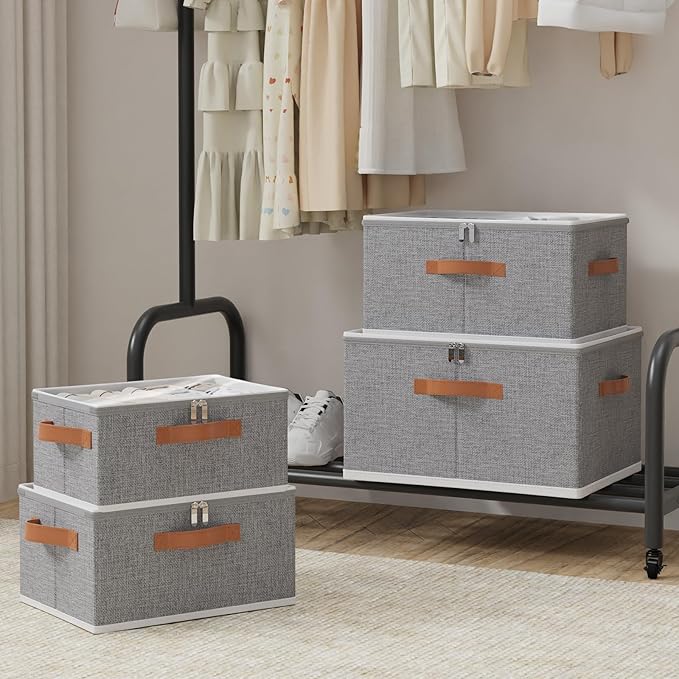 OUTBROS Large Storage Boxes, Foldable Bags with Lid, Wardrobe Organiser with Handle and Zipper, Used for storing clothes, blankets, pillows, 17.7 x 13.8 x 9.8 inch, 2-Pack