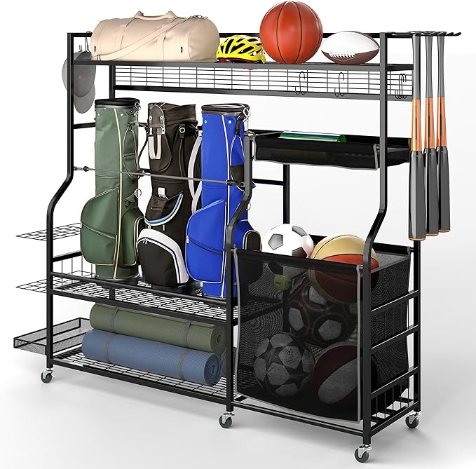 YITAHOME Multi-Functional Sports Organizer for Garage, Golf Gear Storage Rack for 3 Bags and Clubs, Ball Storage Bins with Wheels, Multi-Layer Sports Equipment Rack with Hooks