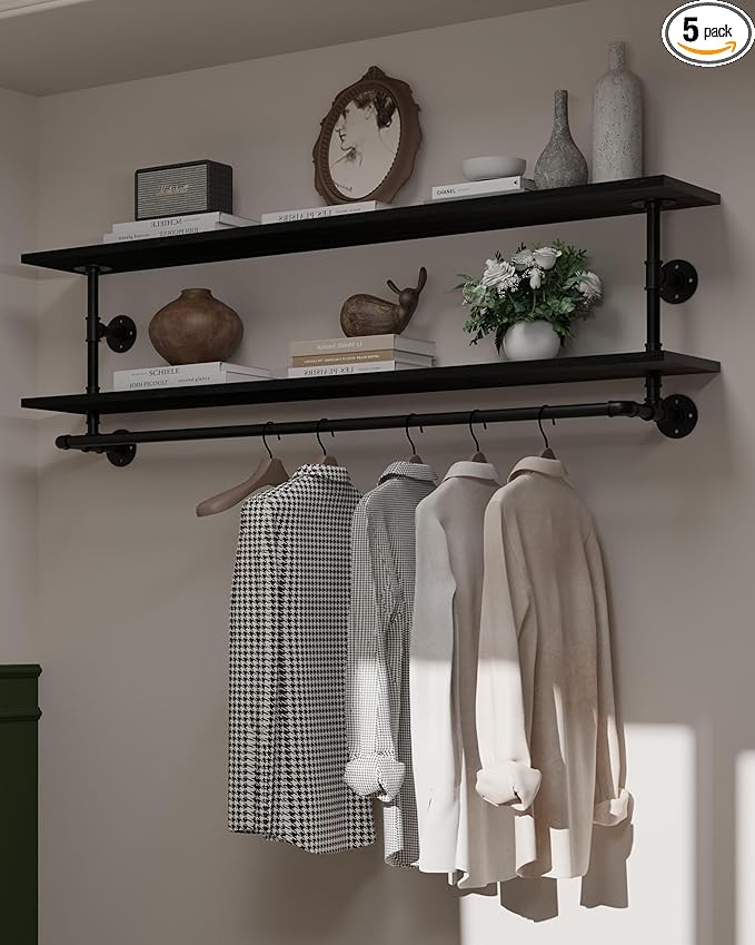 Black Clothes Rack 60in, 2-Tier Wall Mounted Garment Rack with Real Wood Shelf, Heavy Duty Hanging Clothes Rack, Multi-Purpose Hanging Rod, Space-Saving Closet Storage