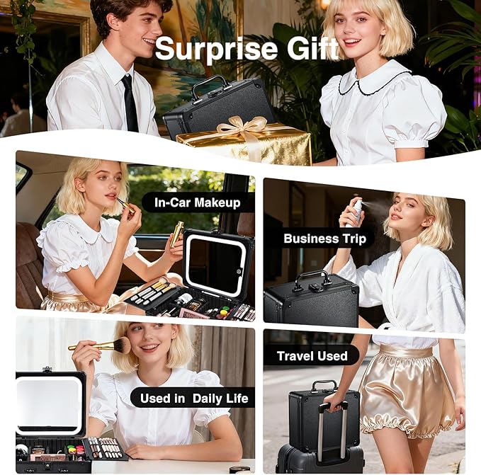 Makeup Case with Magnetic Lighted Mirror Makeup Organizer Box Travel Cosmetic Case with 3 Colors LED Mirror Portable Vanity Make up Suitcase with Lockable Keys Dividers Brush Holder, Black