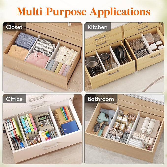 Lifewit 8" High 4 Pack Deep Drawer Dividers, 13.8-22.5" Adjustable Dresser Drawer Divider, White Drawer Organizer for Clothes, Tall Drawers Separators for Dresser, Kitchen, Bedroom, Cabinet, Office