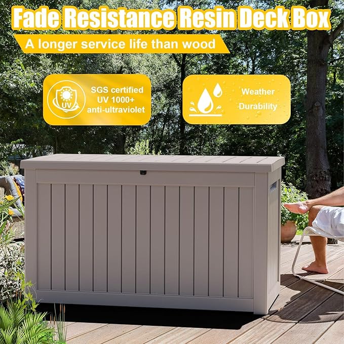 280 Gallon Resin Deck Box, Lockable Outdoor Storage Box for Patio Cushions Storage Furniture,Garden Tools, Pool Supplies, Weatherproof and UV Resistant（Grey）