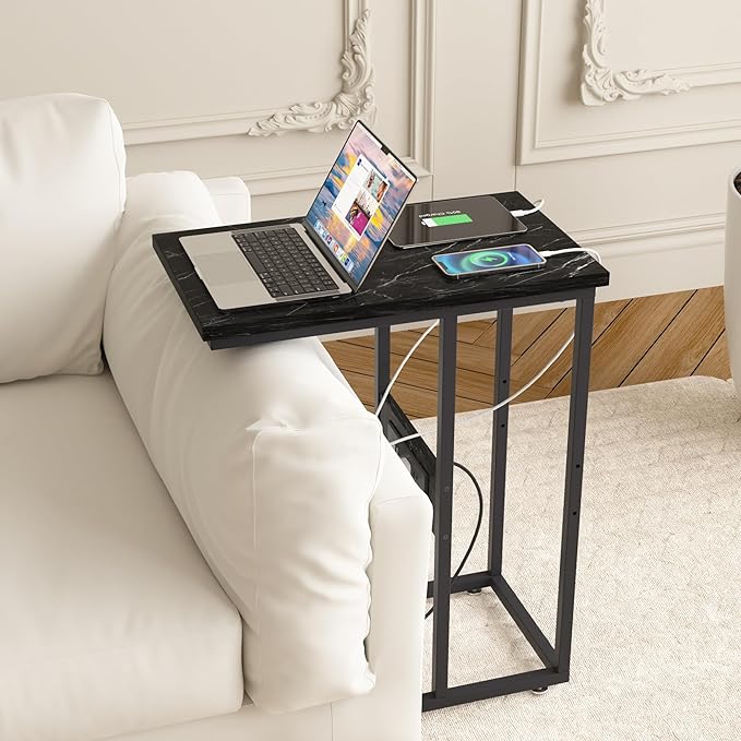 VECELO C Shaped End Side Table with Charging Station & Power Outlets for Couch Sofa/Bed, Snack TV Tray with Metal Frame for Living Room Bedroom 1 PCS, Black Marble