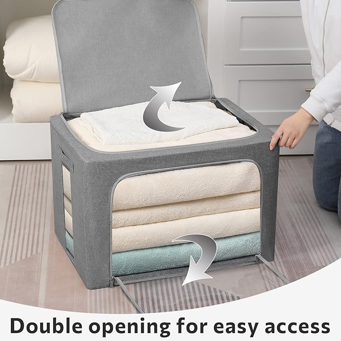 FHSQX Extra Large Clothes Storage Bins Foldable Metal Frame Storage Box Stackable Linen Fabric Box Organizer Set with Carrying Handles and Clear Window -100L (Gray, 23.6x 16.5x 15.7 Inch)