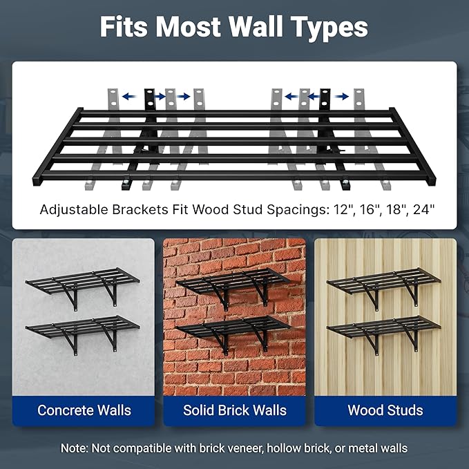 FLEXIMOUNTS 2x4ft Heavy Duty Garage Wall Shelving, 4-Pack Garage Shelving Wall Mounted with 8 Hooks, 400lbs Capacity, Storage for Power Tools, Garden Supplies, Storage Bins, Lite Series