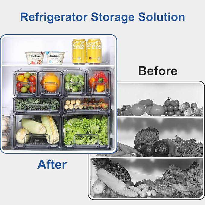 Plastic Clear Fridge Storage Organizer with Drawers & Drainer - Stackable Bins for Kitchen Fruit & Veggie Organization (2PCS, Large)
