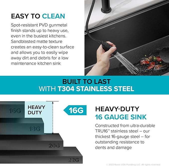 KRAUS Kore Workstation 33-inch Farmhouse Modern Flat Apron Front 16 Gauge Black Stainless Steel Single Bowl Kitchen Sink in PVD Gunmetal Finish with Accessories, KWF410-33/PGM
