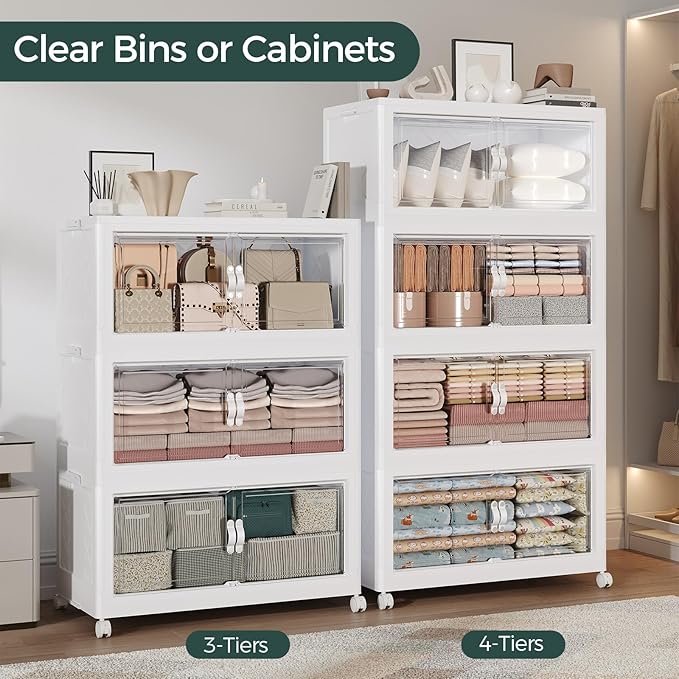 360QT Extra Large Stackable Storage Bins with Lid, 90Gal Collapsible Closet Organizer Box with Wheels, Folding Plastic Storage Cabinet with Doors for Home Kitchen Office Dorm, 3Pack White