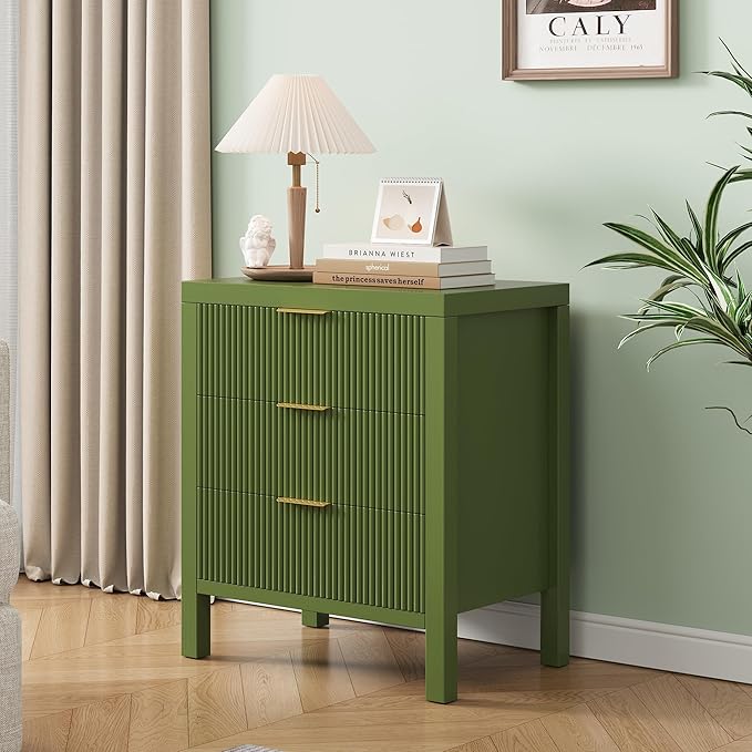 3 Drawer Dresser, Modern Wood Storage Chest of Drawers Organizer with Waveform Panel, Fluted Dresser with Wide Drawers and Golden Handles for Bedroom, Hallway, Entryway, Green
