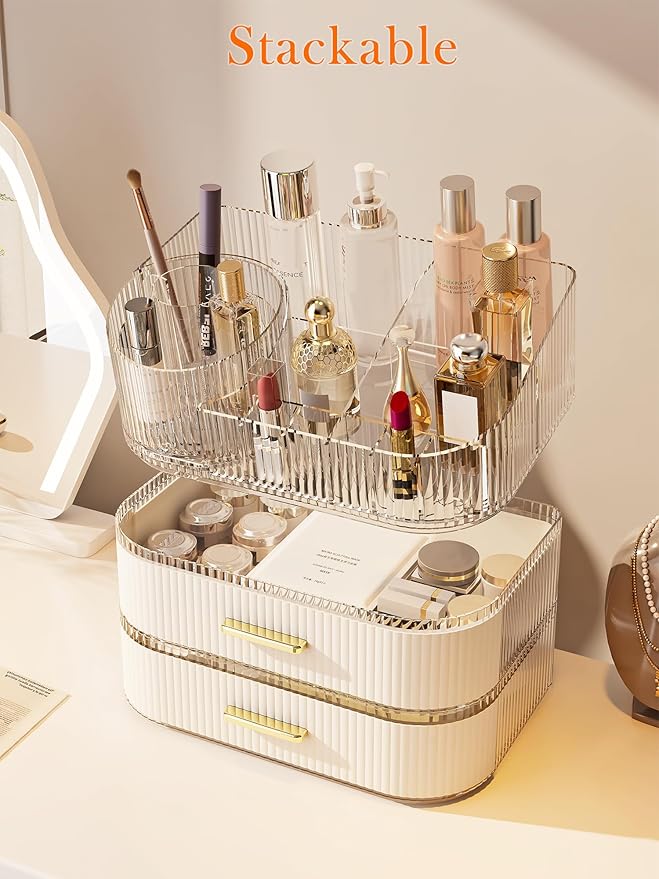 360° Rotating Makeup Organizer with Drawer, Clear Acrylic Cosmetic Storage Display, Stackable Beauty Counter (Clear, Large (Tray + 1 Drawer))