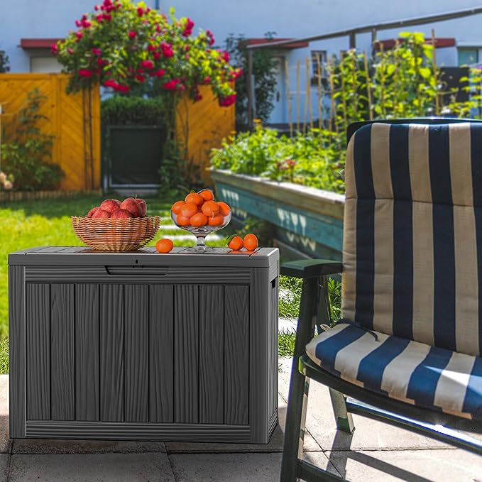 45 Gallon Deck Box,Resin Outdoor Storage Box with Lockable for Patio Furniture, Pool Accessories, Garden Tools Waterproof Outside Storage Box, Black