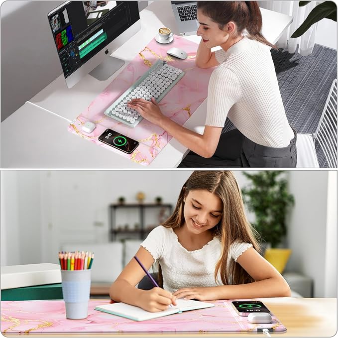 Wireless Charging Mouse Pad, 31.5"x15.8" Large Gaming Desk Mat for Keyboard/Laptop, Waterproof Ultra-Smooth Surface, Non-Slip Base, Pink Marble