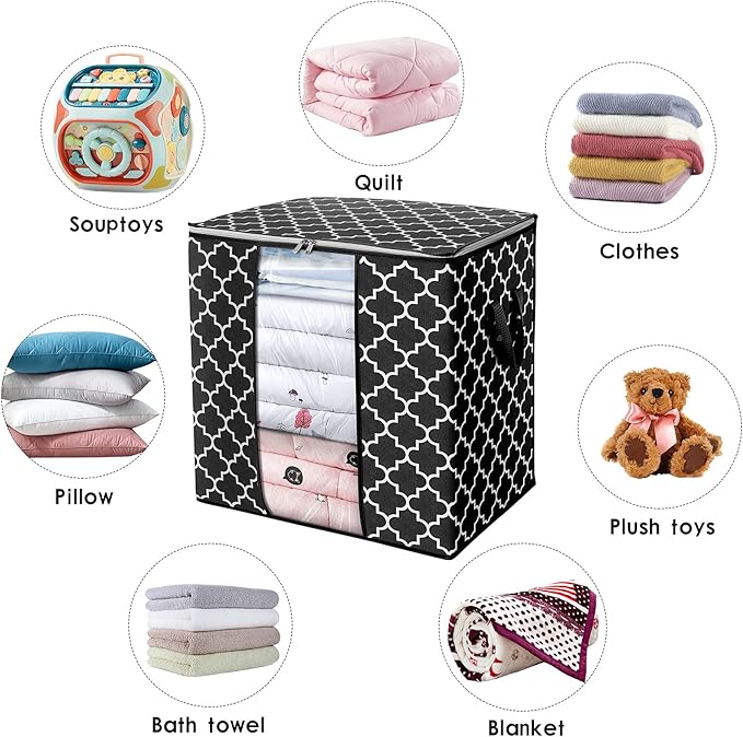 WISELIFE Storage Bags [3 Pack/100L] Large Blanket Clothes Organization and Storage Containers for Comforters,Bedding, Foldable Organizer with Reinforced Handle, Clear Window, Sturdy Zippers,Black