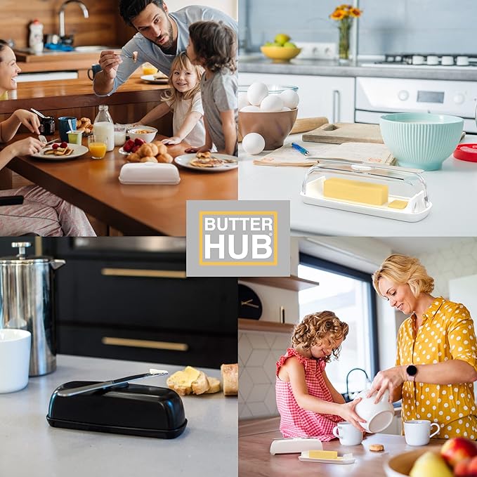Butter Hub Extra Large Butter Dish with Lid and Knife, European Size Magnetic Butter Keeper, Easy Scoop, No Mess Lid, Plastic, Dishwasher Safe (Grey),European / 2 Sticks