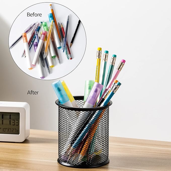 Amazon Basics Wire Mesh Pen Cup, Office Caddy Storage, Black, ‎3.7" x 3.3"