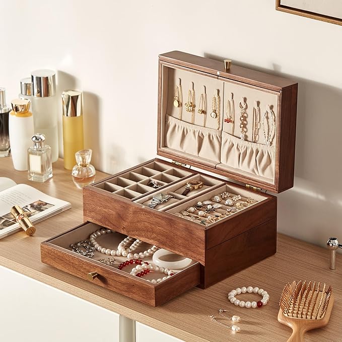 CHOSIN Black Walnut Wooden Jewelry Box for Women, 3 Level Multi-functional Drawer Organizer Box Watch Necklace Ring Earring Storage
