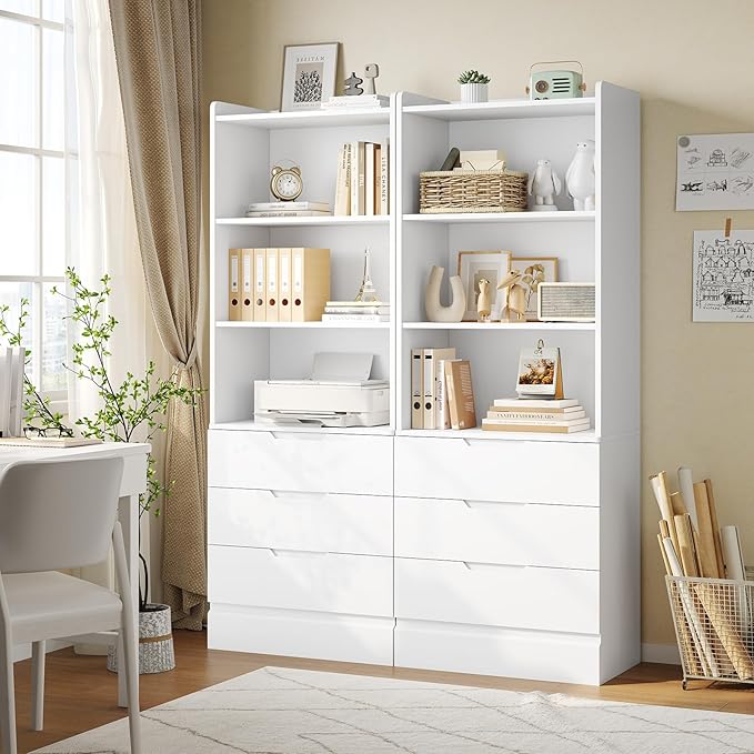 DICTAC Bookcase Set of 2 with 3 Drawers 73.23'' White Bookshelf Storage Cabinets with Shelves and Drawers Kitchen Pantry with Microwave Stand,Storage Organizer for Living Room,Office,Study, Bathroom