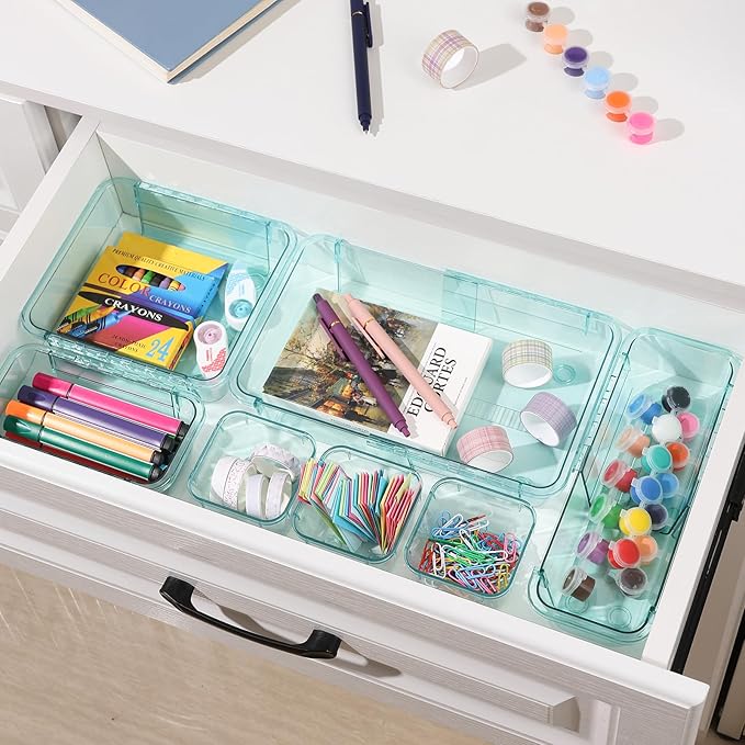 14 Pcs Adjustable Clear Drawer Organizer, Extendable Vanity Storage Bins, Desk Drawer Organizer Set for Makeup, Cosmetics, Bedroom, and Gadgets, Blue