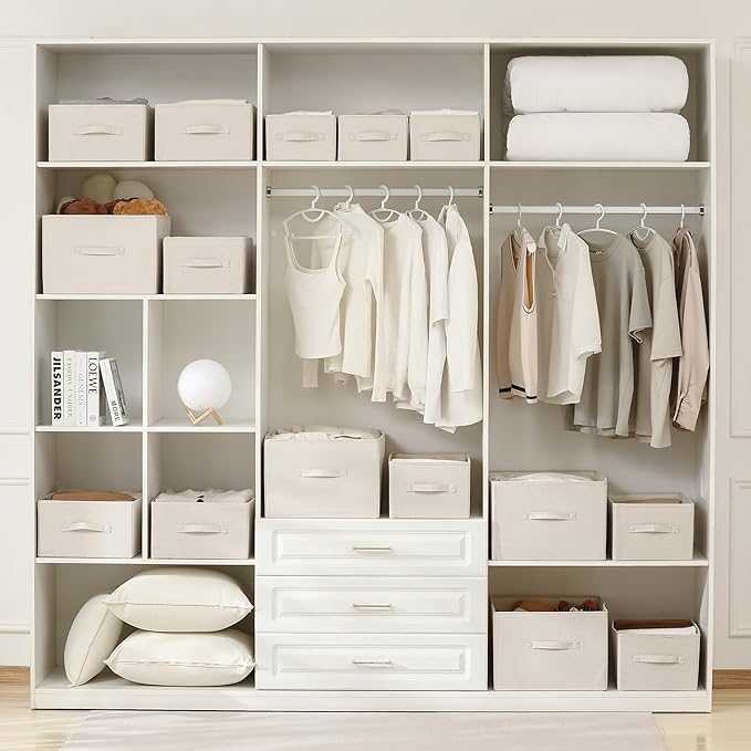 Linen Folding Storage Bins, 3 Pack Large Storage Baskets, Washable, Clothing Storage Bins with Handle, Closet Organizer for Storage Sweater,Sheets(Beige, 18½"x11" x8½")