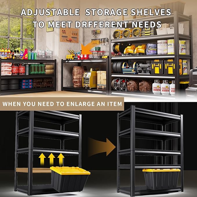 2 Pack Garage Shelving Heavy Duty Storage Shelves 3000LBS Adjustable Garage Shelves 5 Tier Metal Shelving Unit Utility Rack Shelf for Storage Kitchen Warehouse Pantry, Black,72" H x 59" W x 20" D
