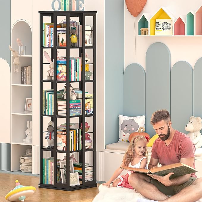 Aheaplus Rotating Bookshelf, Corner Bookcase, 360 Display Wood Spinning Bookshelves, Floor Standing Bookcases Narrow Shelf, 5 Tiers, Black