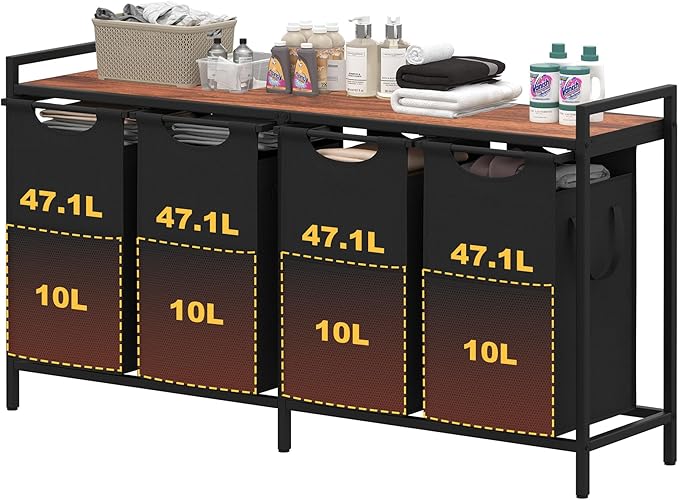 Heybly Laundry Hampers,4 x 12.5 Gal Laundry Basket with Large Desktop Sorter for Laundry Room organization, Bathroom and Dorm Laundry Bags on Storage Shelf, Walnut HLH004WB