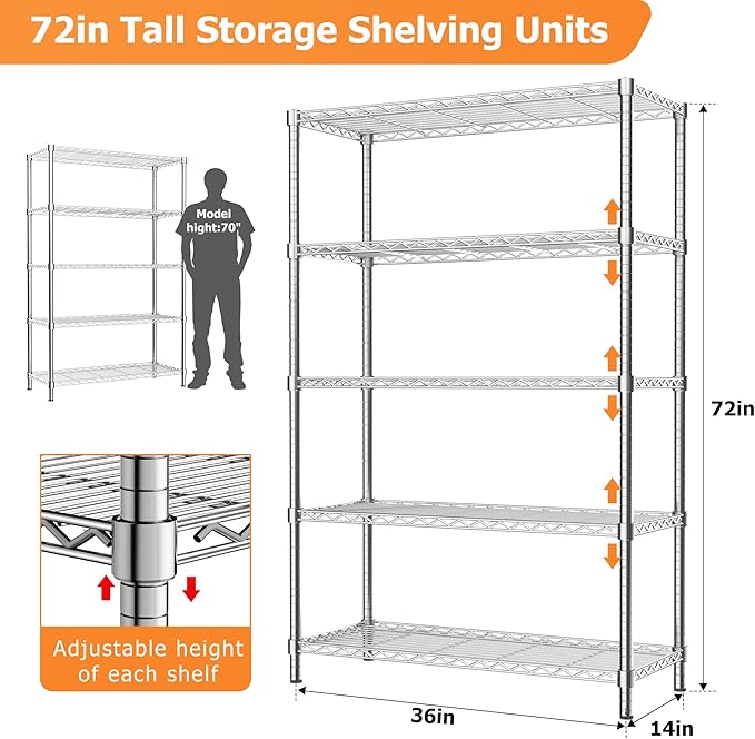 Storage Shelves Heavy Duty, 3 PCS 36" L x 14" W x 72" H Garage Wire Shelving Unit Loads 1750LBS, 5-Tier Adjustable Metal Industrial Utility Shelf Rack for Kitchen, Laundry Room, Warehouse, Basement