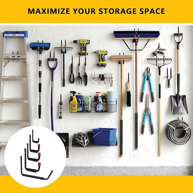 6 Pack Garage Hooks Heavy Duty with EVA Pads and Rubber End Caps, 9.48inch Steel Kayak Storage Hooks for Hanging Bikes, Ladders, Folding Chairs and Garden Tools