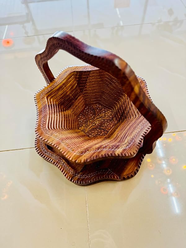 Handmade 14″ Collapsible Wooden Basket, Single Bowl Flower Design in Himalayan Rosewood, Fruit Basket, Bread Bowl & Trivet, Folds Flat for Easy Storage – Unique Centerpiece & Gift